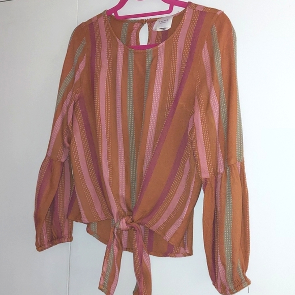 Harper Multi stripe puff sleeve tie Blouse Top Sz M